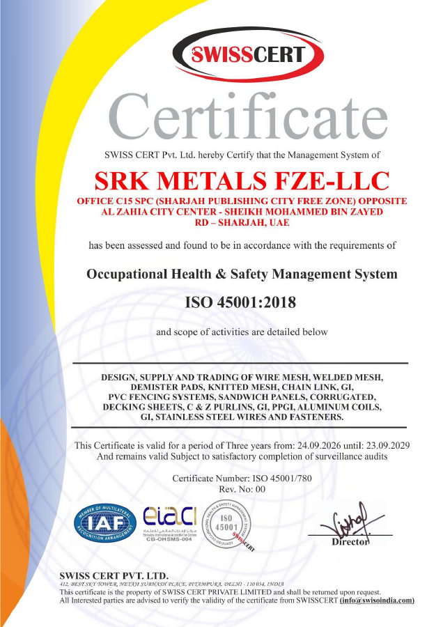 ISO 45001:2018 certificate issued to SRK METALS FZE-LLC