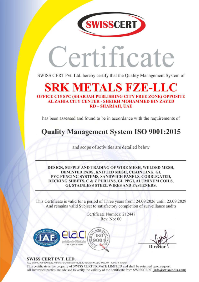 ISO 9001:2015 certificate issued to SRK METALS FZE-LLC